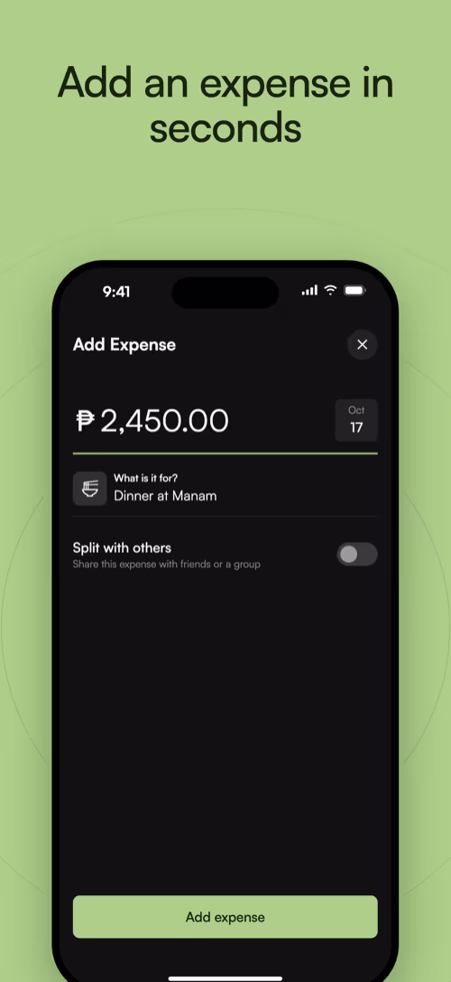 Giya bill splitting app: adding a dinner expense and splitting it equally with a group