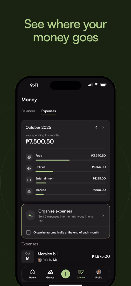 Giya expense tracker app: the Money tab showing monthly spending by type with the Organize expenses card