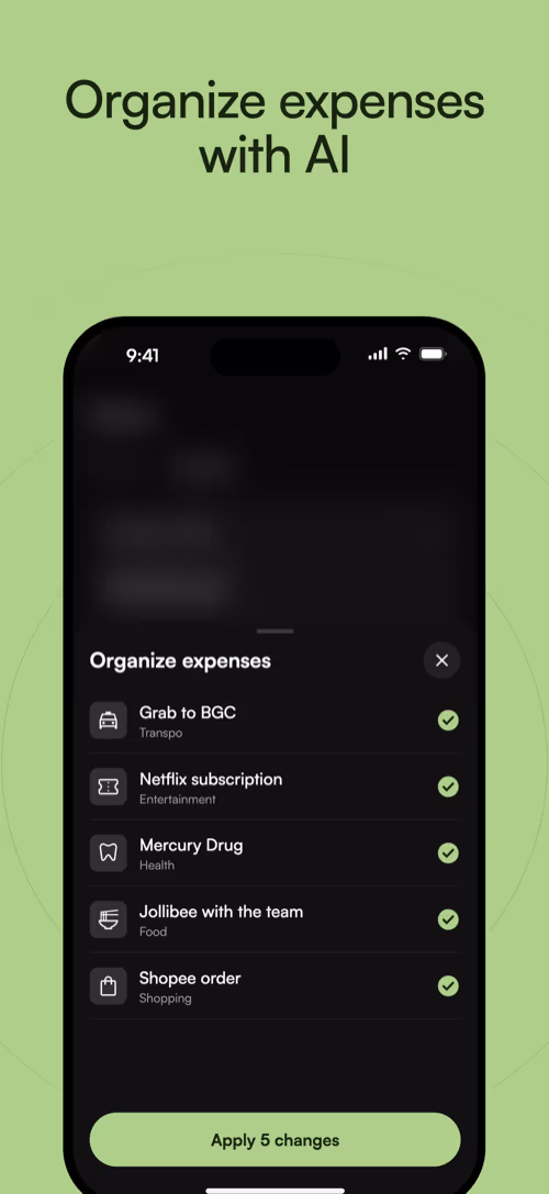 Giya expense tracker app: AI suggesting a type for each expense, ready to review and apply