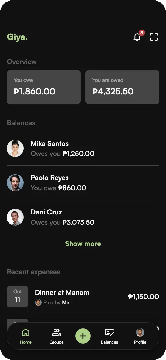 Giya expense tracker app: adding a dinner expense with amount, date and category