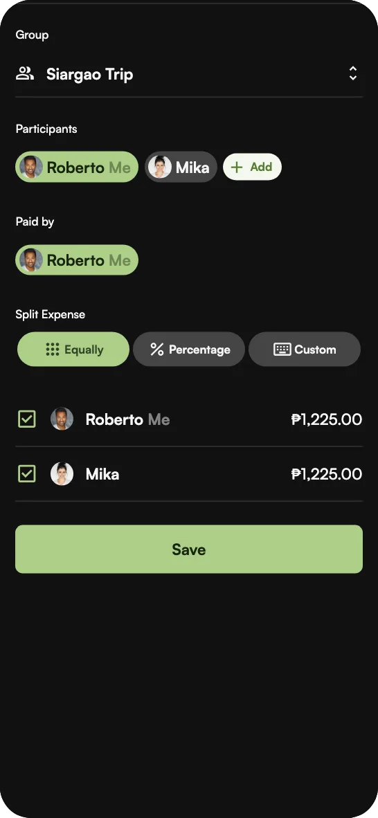Giya bill splitting app: choosing participants and splitting an expense equally