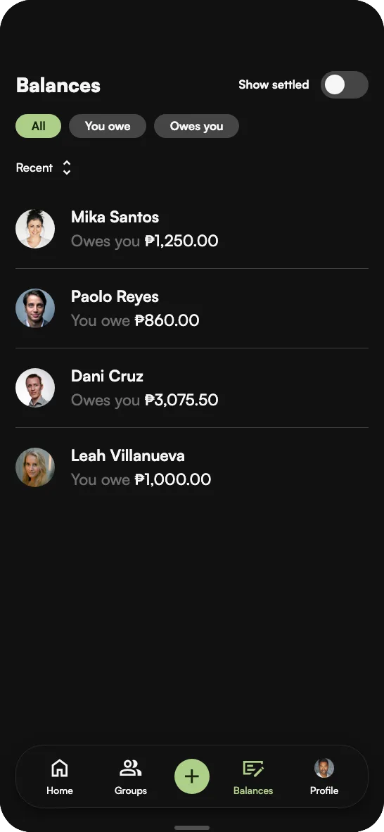 Giya expense tracker app demo: checking balances with friends and settling up